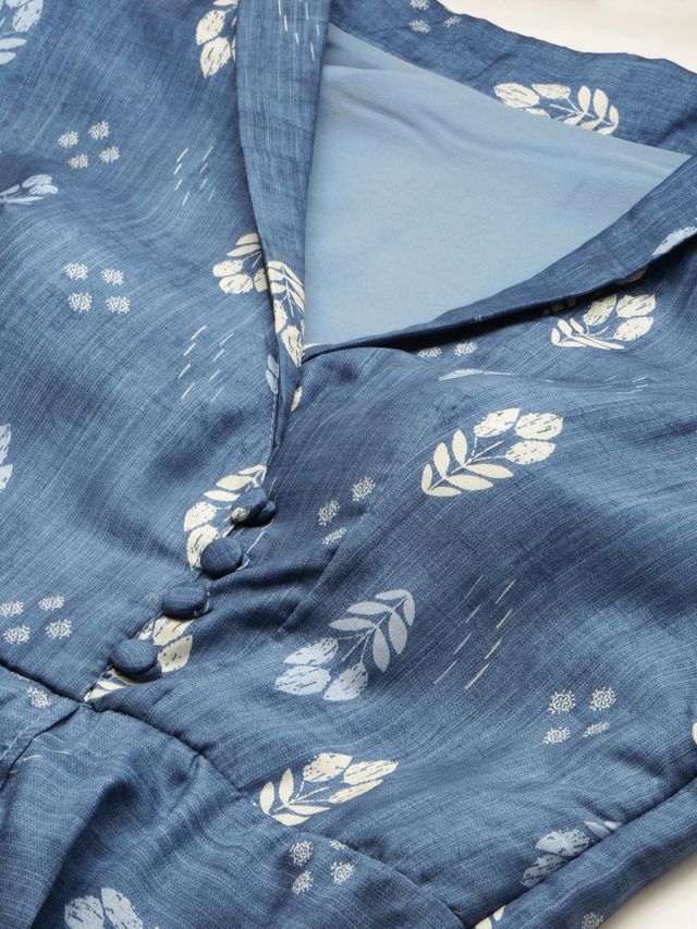 Bollywood Vogue Ready To Wear Blue Digital Printed Art Silk Pleated Dress