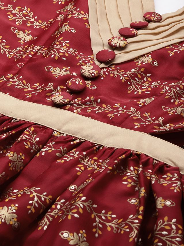 Bollywood Vogue Ready To Wear Maroon Art Silk Foil Printed Maxi Dress