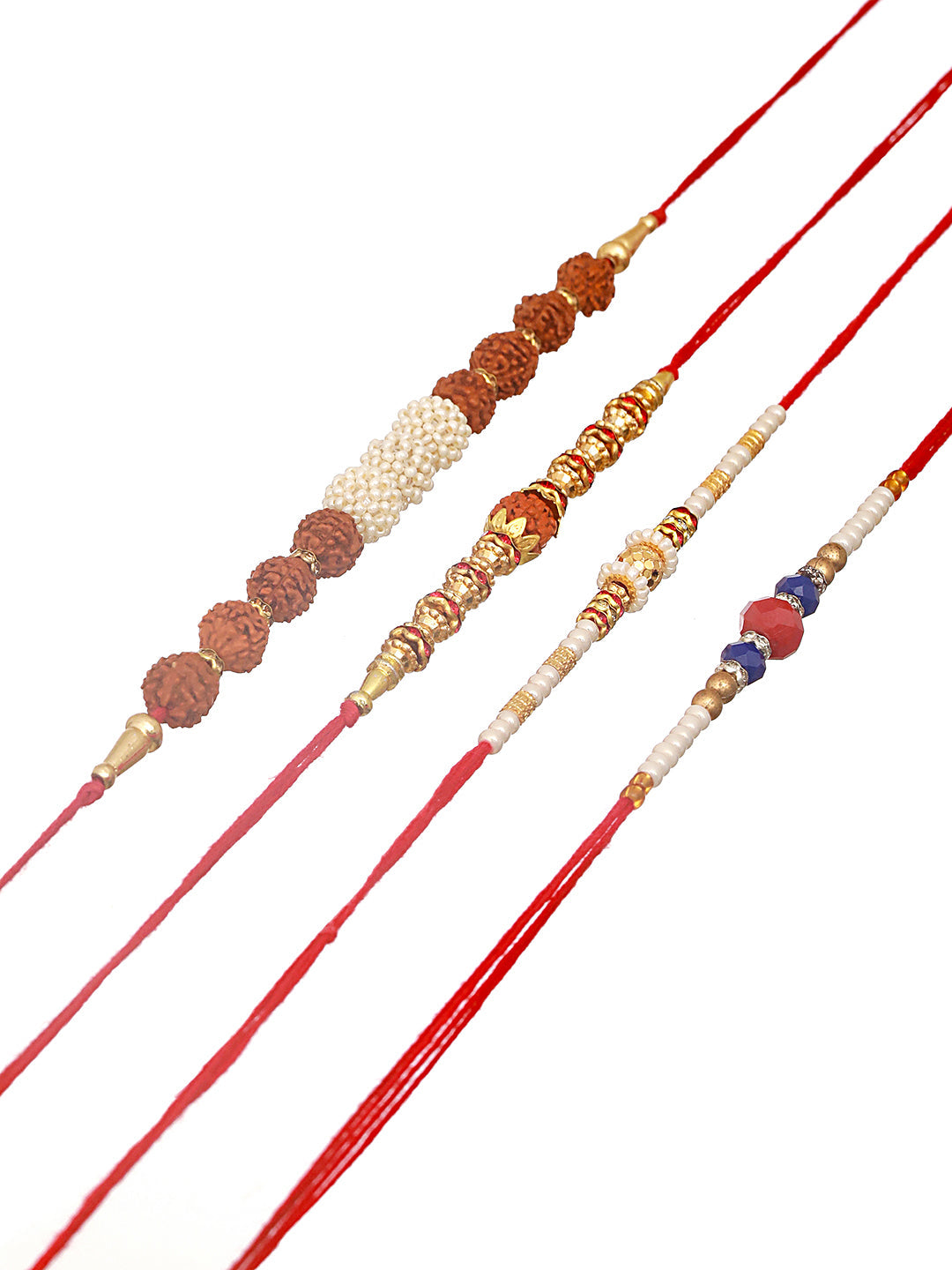 Set Of 4 Men Brown & Blue Rudraksh Beaded Spiritual Rakhi With Roli & Chawal