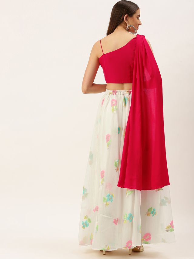 Bollywood Vogue Ready To Wear Off White Organza Jacquard Skirt N Top