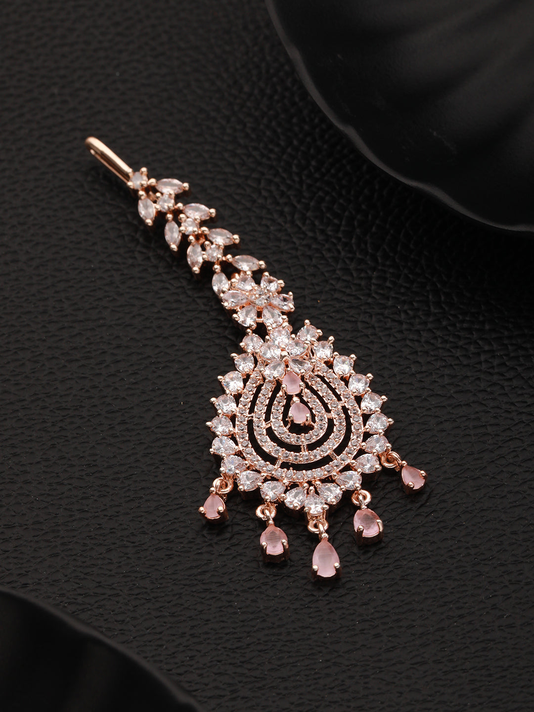 Rose Gold-Plated White Cz & Pink Ad-Studded Handcrafted Maang Tikka