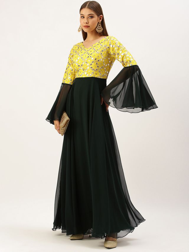 Bollywood Vogue Ready To Wear Yellow N Green Bell Sleeves Embroidered Gown