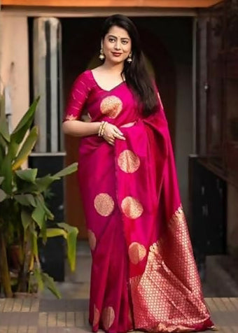 AXONIT Traditional Banarasi Silk Saree with Golden Zari Border & Pallu