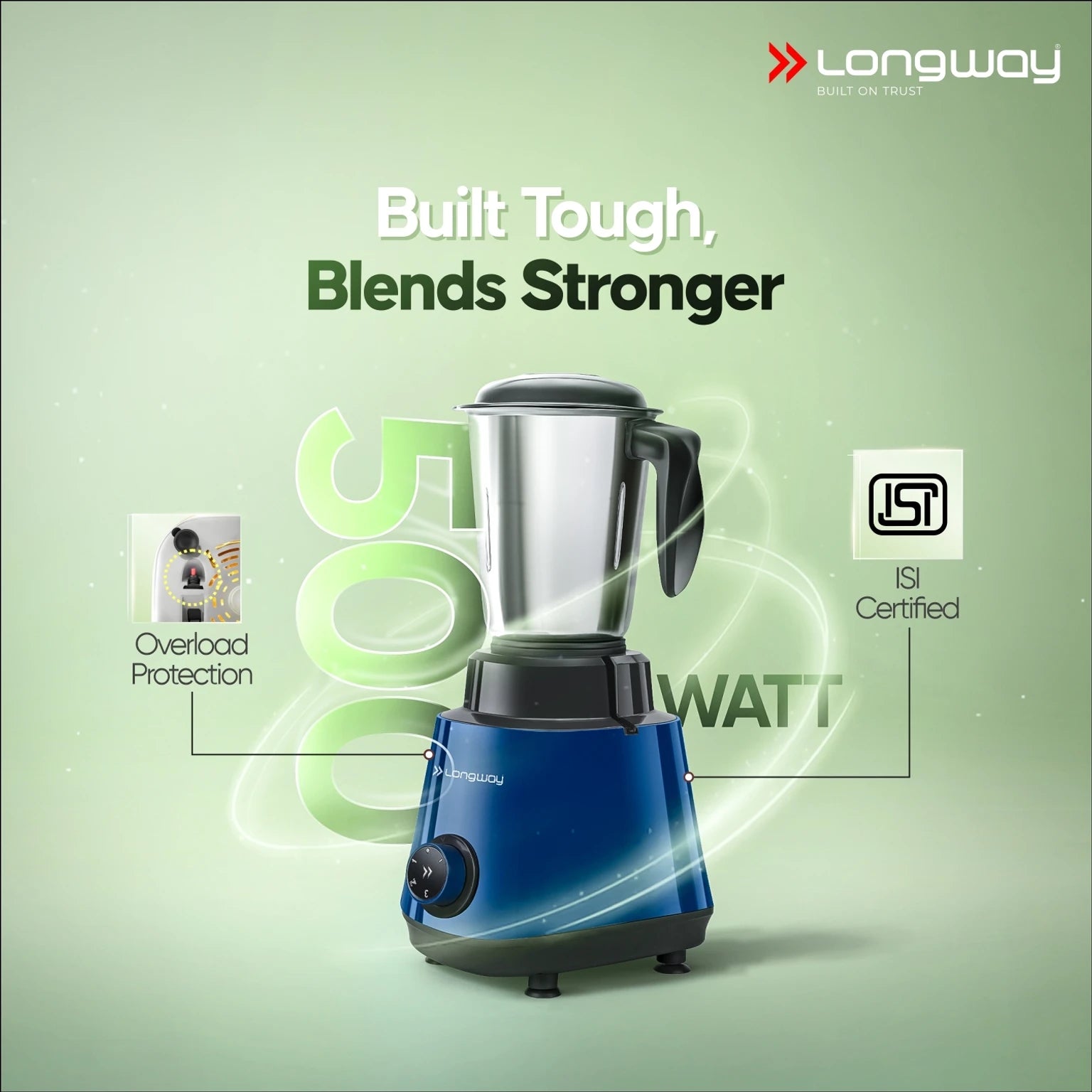 Longway Roto Max 500W Juicer Mixer Grinder with 3 Jars – Blue