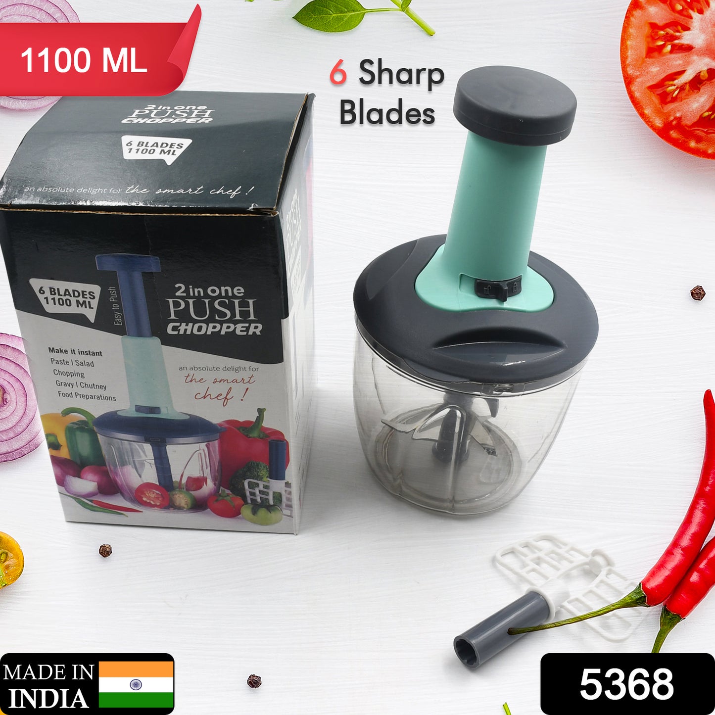2 In 1 Push Up Chopper With Blender Affixed With 6 Sharp Blade Vegetable And Fruit Cutter With Easy Push And Chop Button (1100 ml)