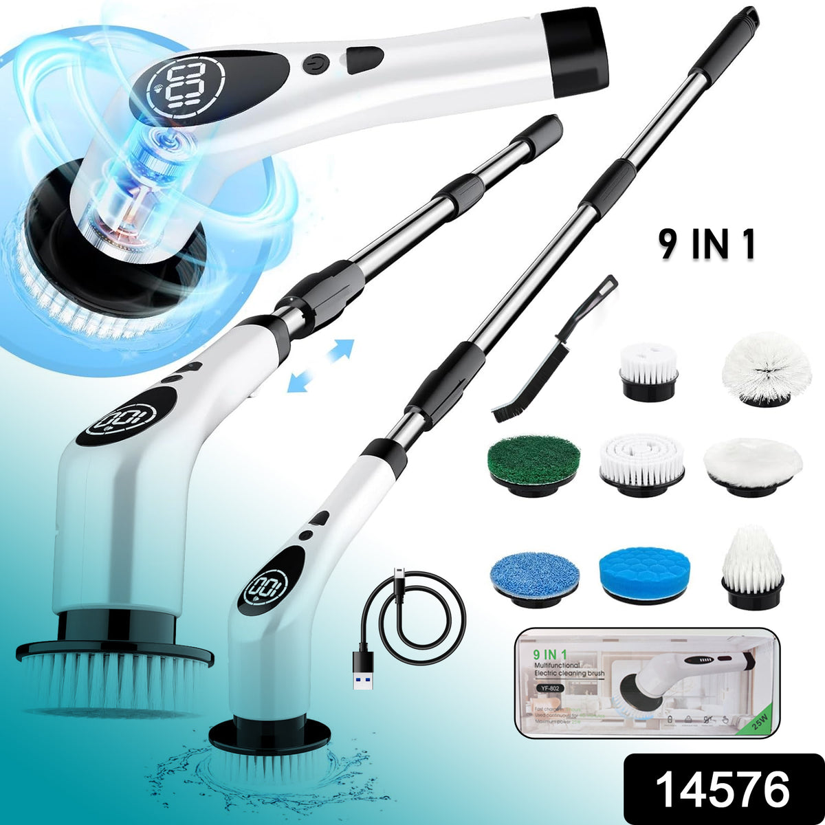 9-in-1 Electric Spin Scrubber with Telescopic Handle & LCD with Cordless Rechargeable Power Brush(1 Set)