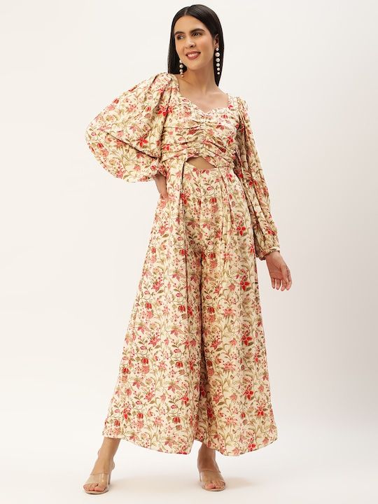 Bollywood Vogue Ready To Wear Beige Printed Rayon Jumpsuits