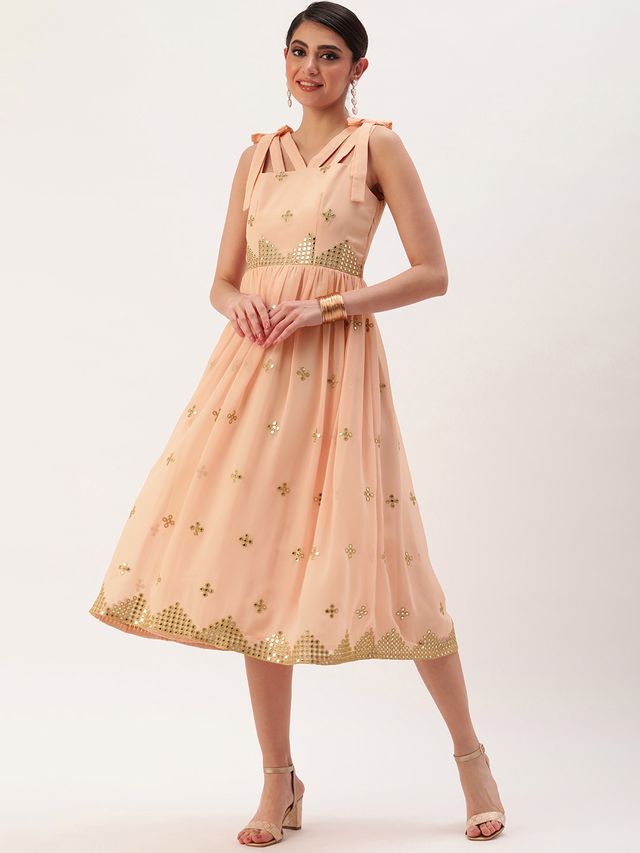 Bollywood Vogue Ready To Wear Mauve Embroidered Strap Neck Dress