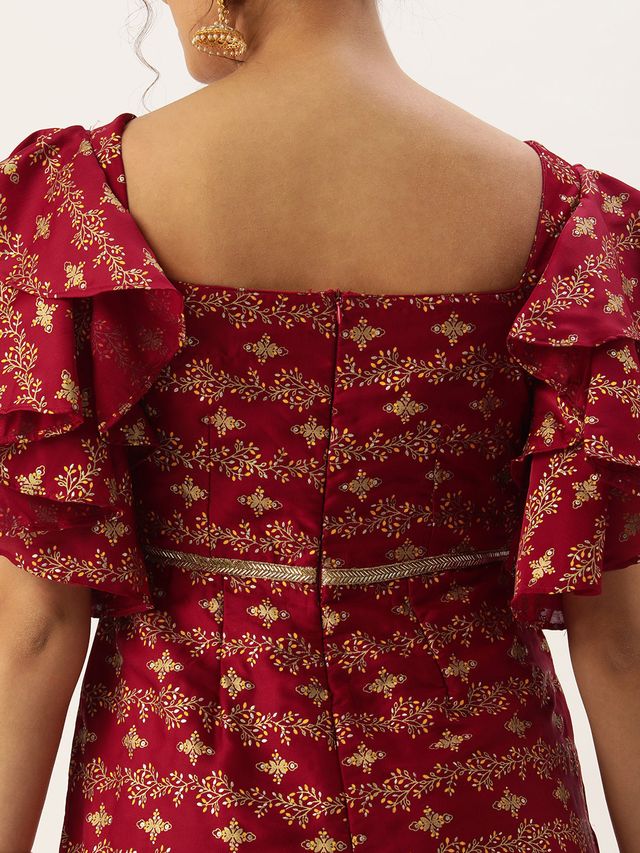 Bollywood Vogue Ready To Wear Maroon Art Silk Foil Print Jumpsuit