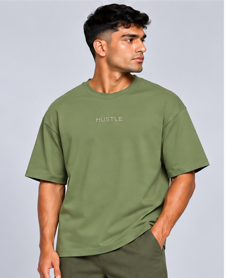HUSTLE Men's Crew Neck Oversized T-Shirt – Olive Green(Oversized fit)