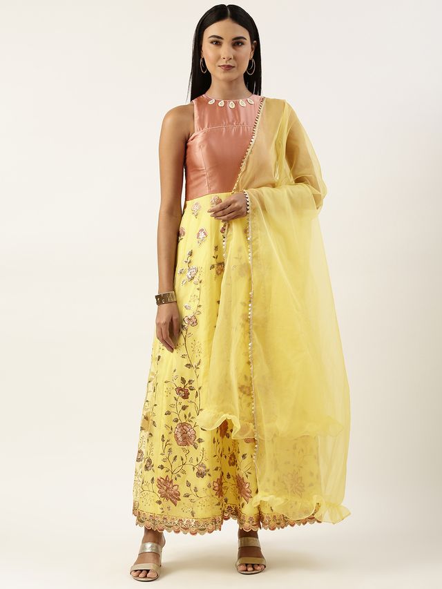 Bollywood Vogue Ready To Wear Yellow Organza Embroidered Anarkali Suit