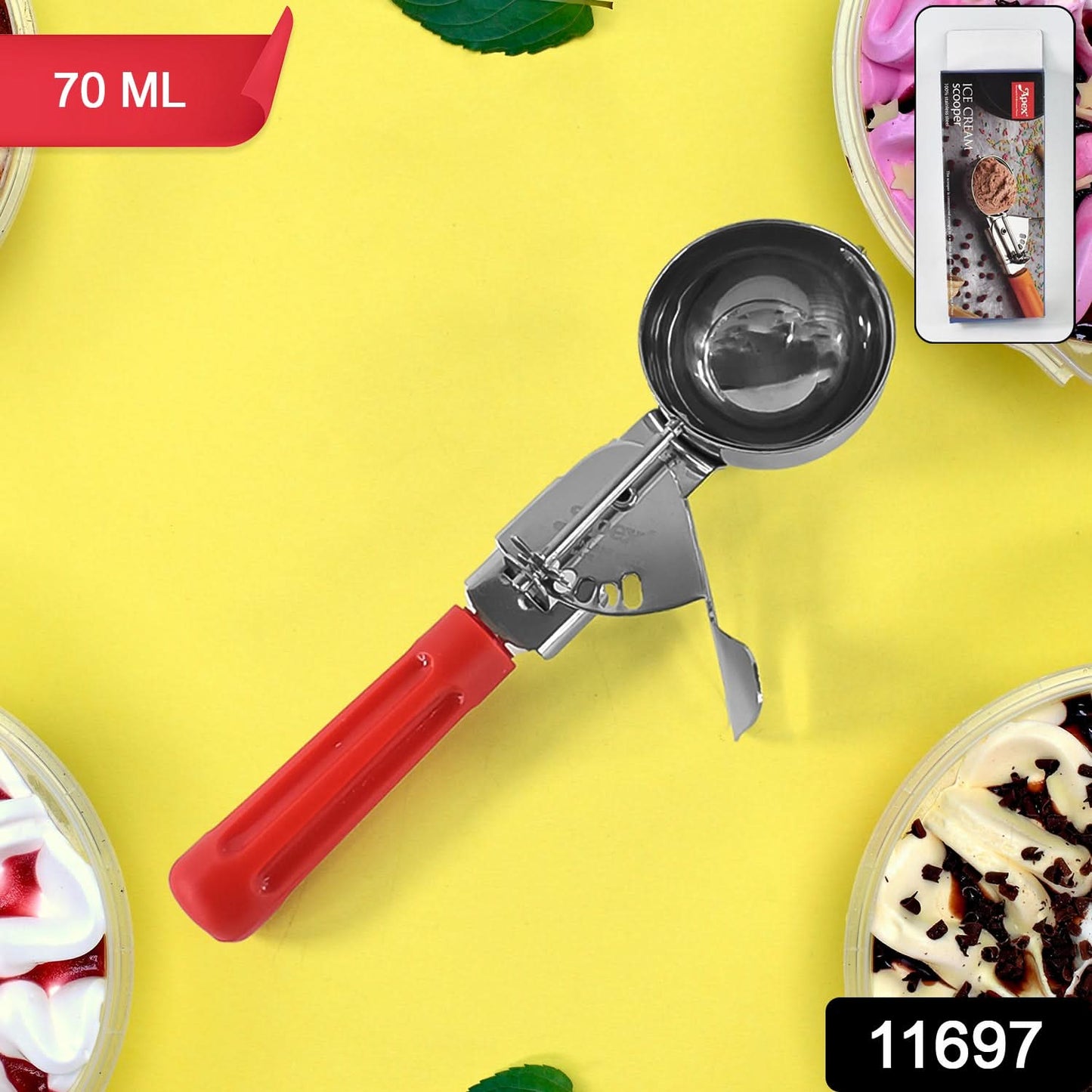 Apex Ice Cream Scoop 70 Ml Stainless Steel Head With Ergonomic Handle (1 Pc)