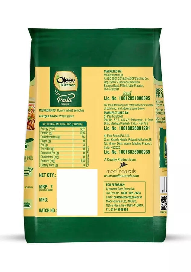 Oleev Kitchen Fusilli Pasta, Durum Wheat, 400g HalfPe - FW -TPT