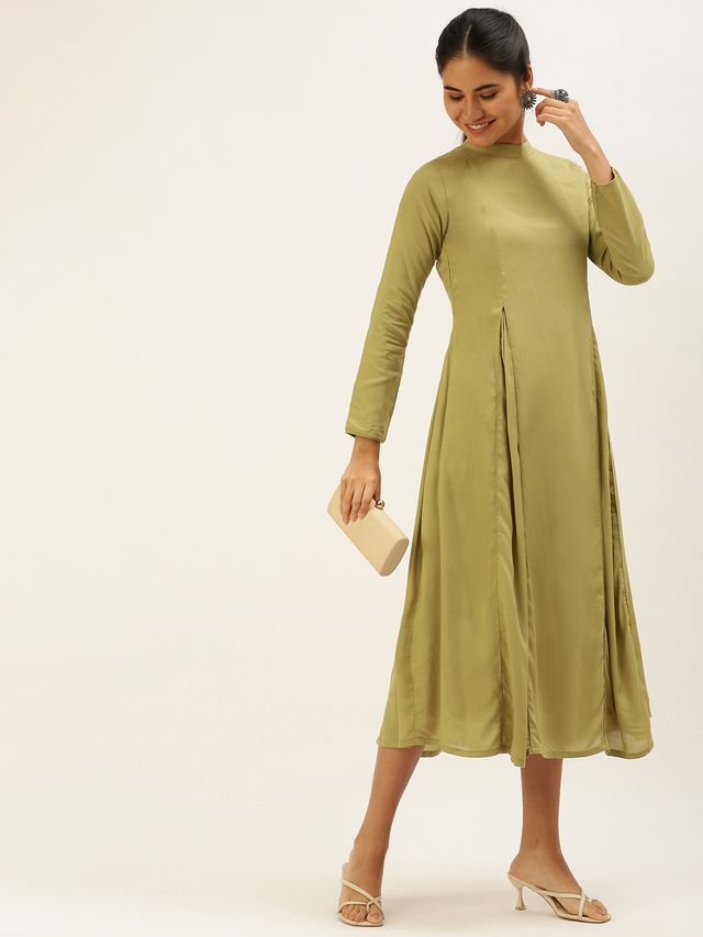 Bollywood Vogue Ready To Wear Collar Neck Calf Length Length Khaki Dress