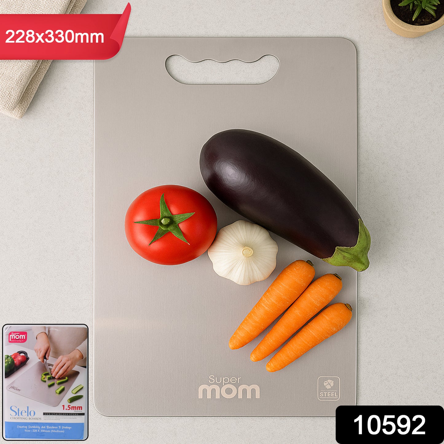 Supermom Medium Stello Stainless Steel Chopping Board – 1.5mm Thick Durable Cutting Board for Vegetables, Fruits, Meat & Kitchen Use (228 x 330 mm)