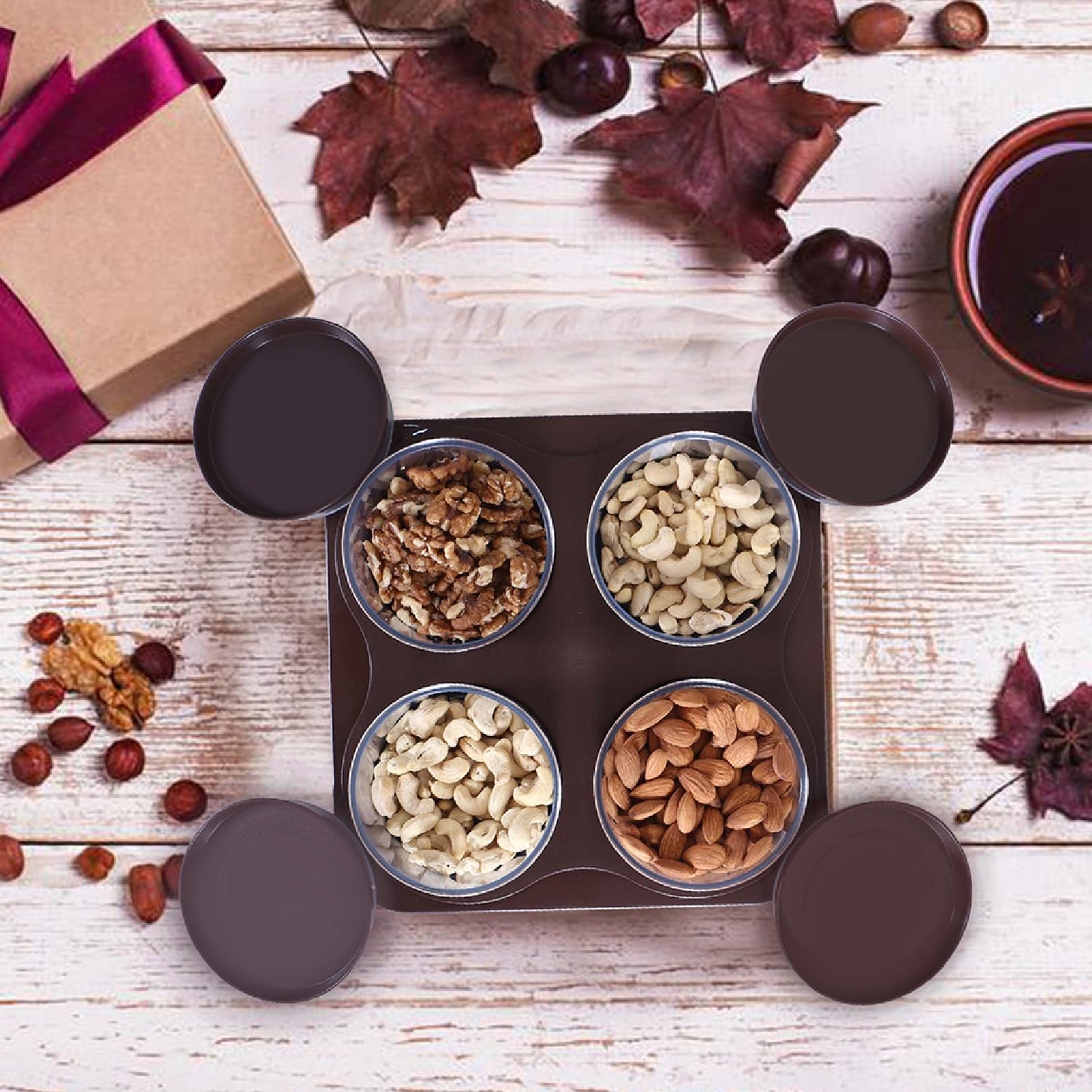 Airtight Plastic 4 Pc Storage Container Set With Tray Dry Fruit Plastic Storage Container Tray Set With Lid Serving Tray For Kitchen