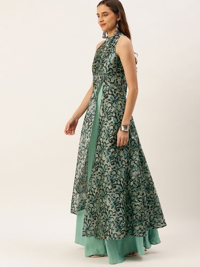 Bollywood Vogue Ready To Wear Blue Art Silk Digital Printed Halter Neck Dress