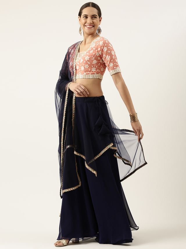 Bollywood Vogue Ready To Wear Navy Blue N Peach Embroidered Lehenga Set