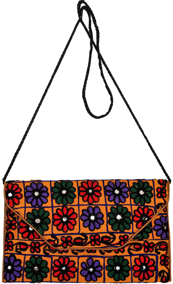 Exotic India Clutch Bag from Jaipur with Crewel Embroidered Flowers and Mirrors