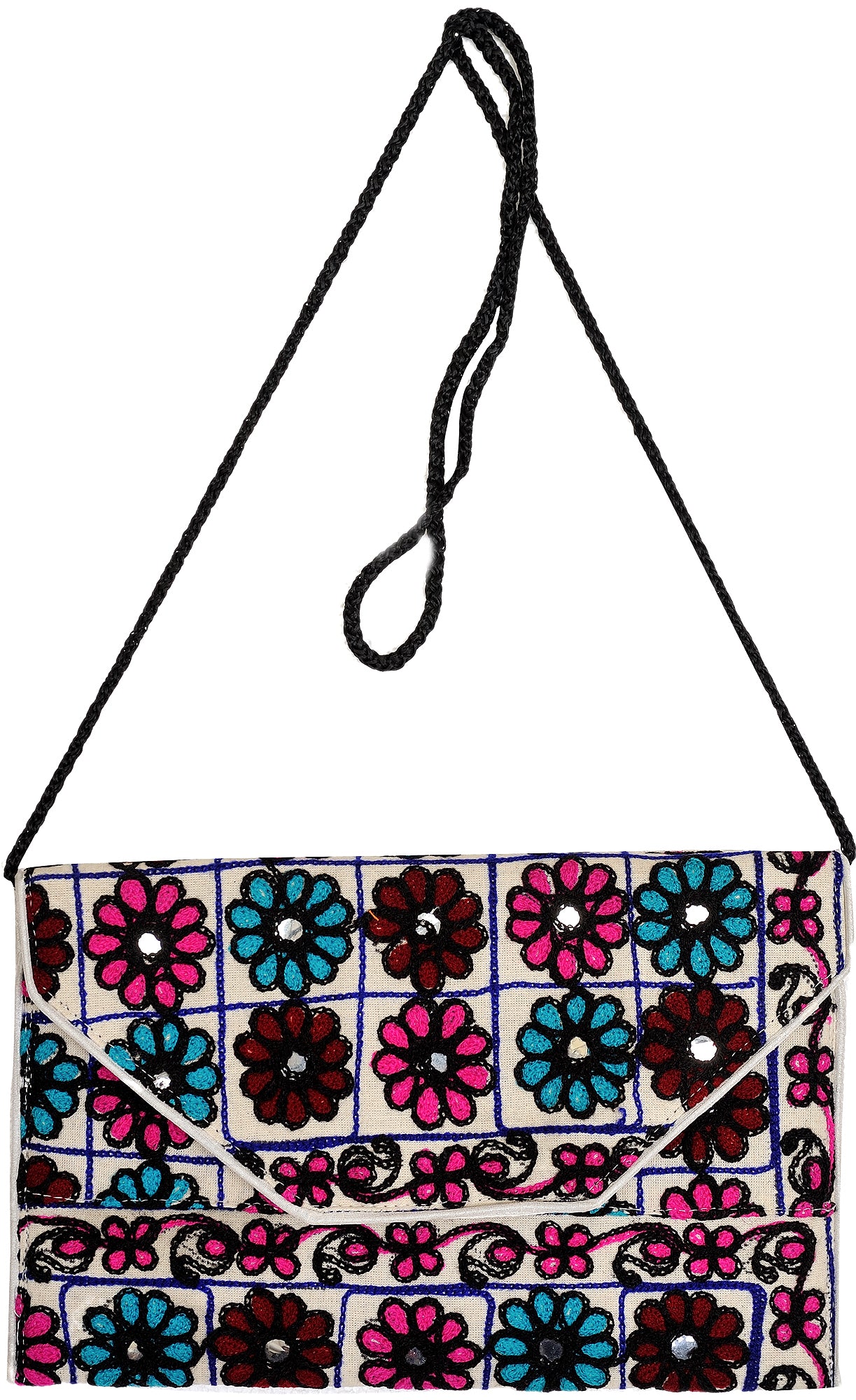 Exotic India Clutch Bag from Jaipur with Crewel Embroidered Flowers and Mirrors
