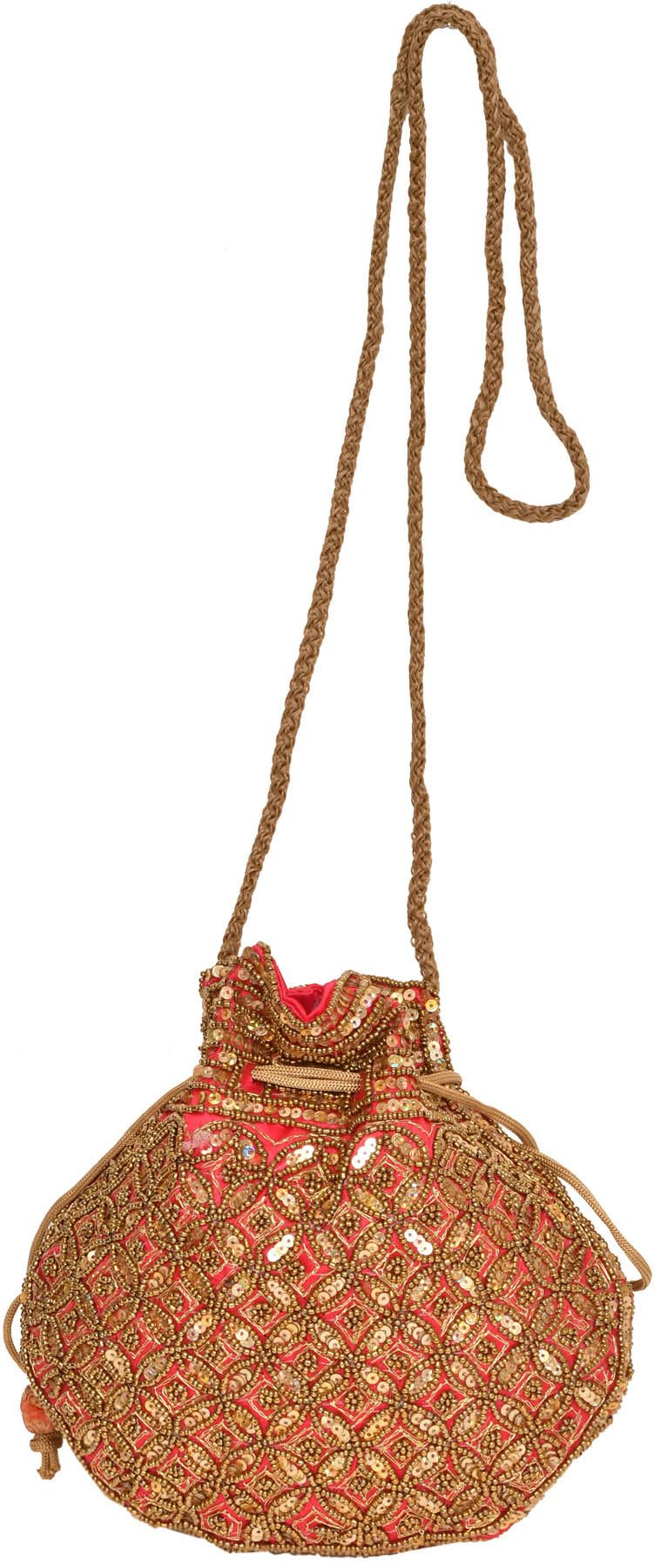Exotic India Designer Drawstring Potli Bag with Embroidered-Beads and Sequins