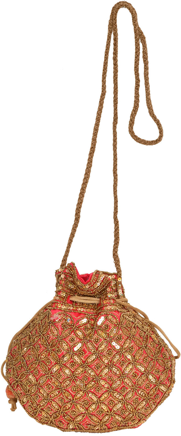 Exotic India Designer Drawstring Potli Bag with Embroidered-Beads and Sequins