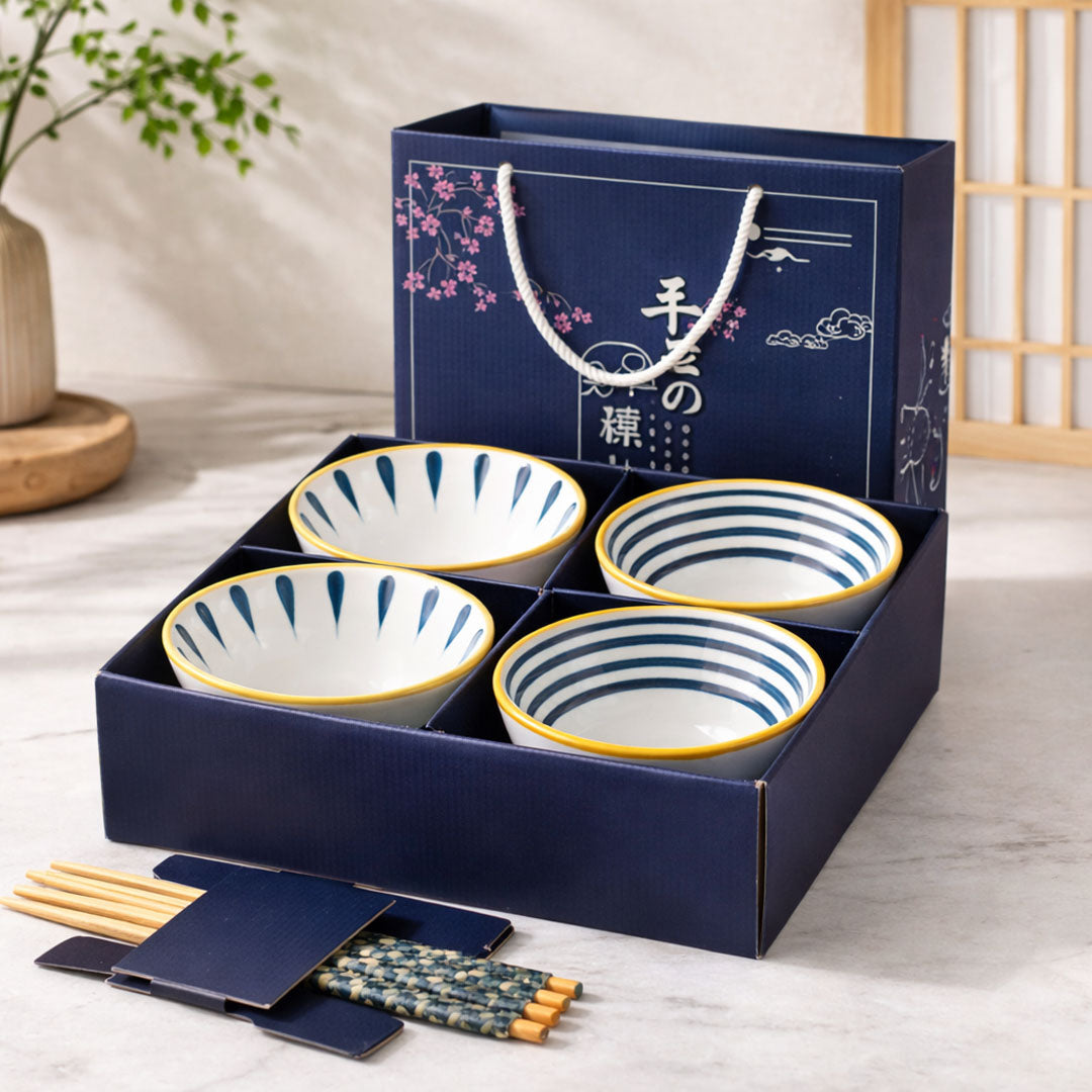 Rioware 300ml Ceramic Bowl Set of 4 with 8 Chopsticks | 11.3 cm Snack & Rice Bowls | Microwave & Dishwasher Safe | BPA & Lead-Free | Ideal for Dal, Fruits, Salad & Serving- Sapphire Touch
