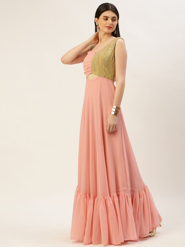 Bollywood Vogue Ready To Wear Green N Pink Sequence Embroidered Gown