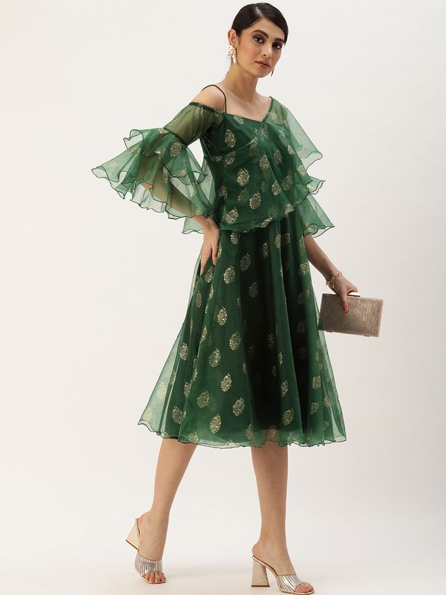 Bollywood Vogue Ready To Wear Green Organza Foil Printed Dress