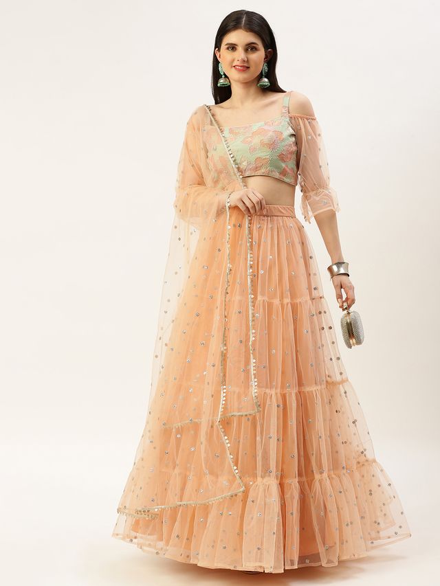 Bollywood Vogue Ready To Wear Multicoloured N Peach Net Embroidered Lehenga