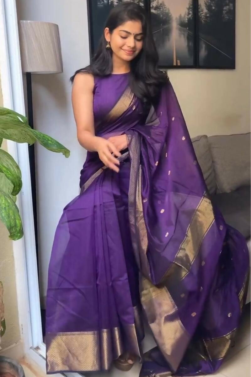 AXONIT Traditional Violet Cotton Saree Crafted with Delicate Golden Zari Butti and Royal Border