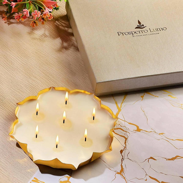PROSPERRO LUMO by Parkash Candles Premium 7 Wick Scented Bowl Candle with Vanilla Oudh Scent (Golden) - HalfPe
