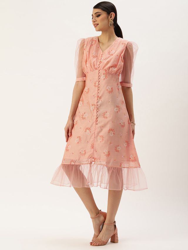 Bollywood Vogue Ready To Wear Peach Foil Printed A Line Dress