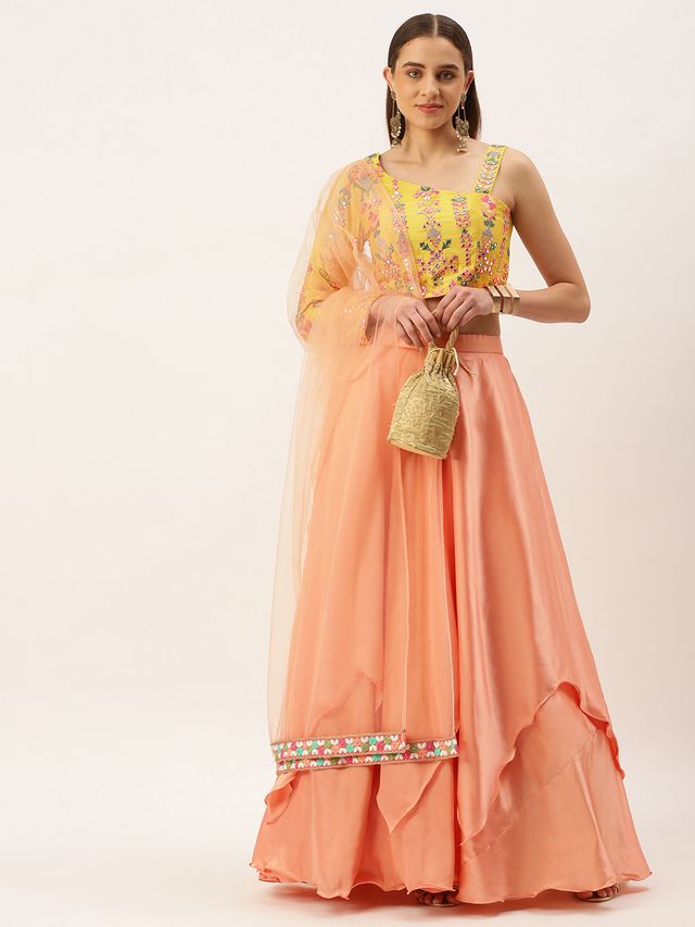 Bollywood Vogue Ready To Wear Yellow Embroidered Peach Lehenga Set