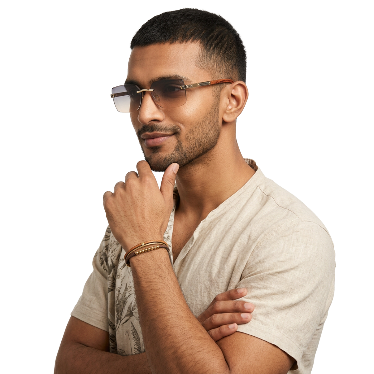 Essence Noble Golden Rimless Sunglasses for Men and Women - Style 2556 - worn by a male model (image 1)