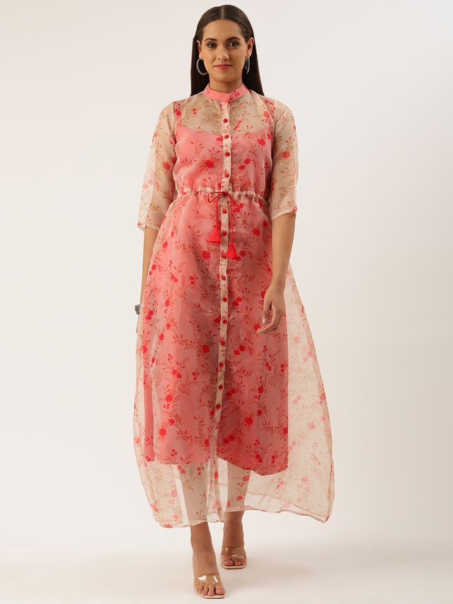 Bollywood Vogue Ready To Wear Beige Printed Organza Jacket Style Dress