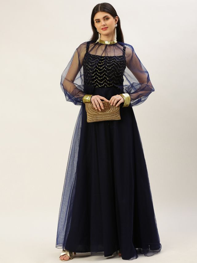 Bollywood Vogue Ready To Wear Blue Velvet Embroidered Dress With Cape
