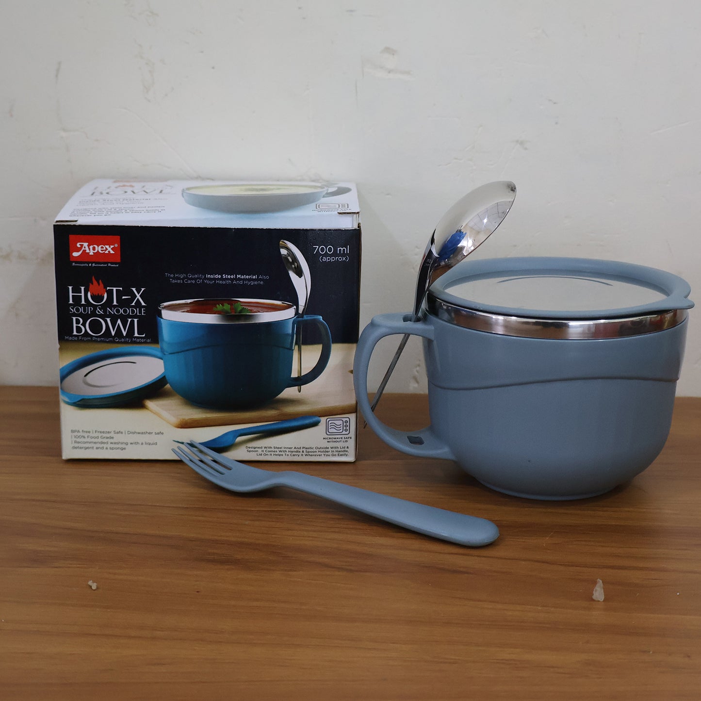 Apex Insulated Stainless Steel Hot-X-Bowl with Airtight Lid, Outer PP Layer, and Integrated Spoon/Fork Set (Approx 700 Ml)