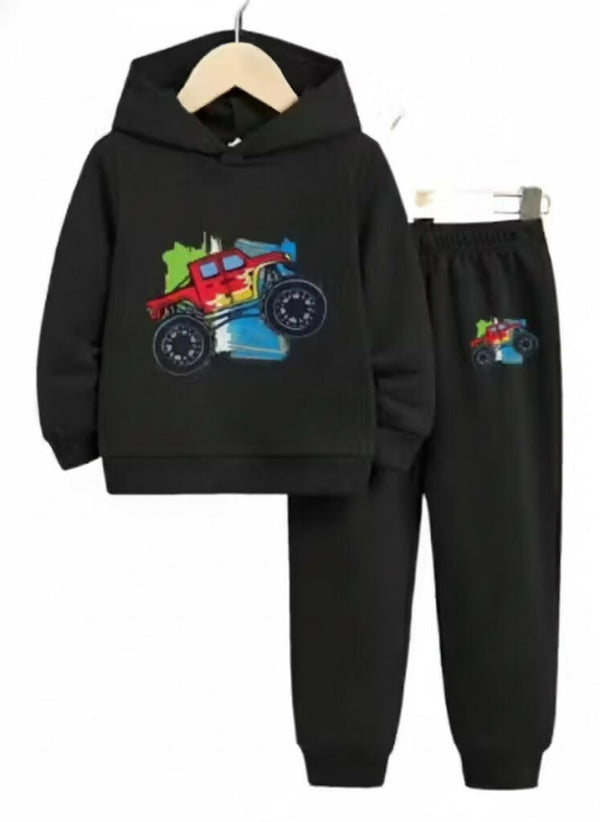 Kids rugged red monster truck Printed Cotton Blend Hoodie & Jogger Set Luck Fashion