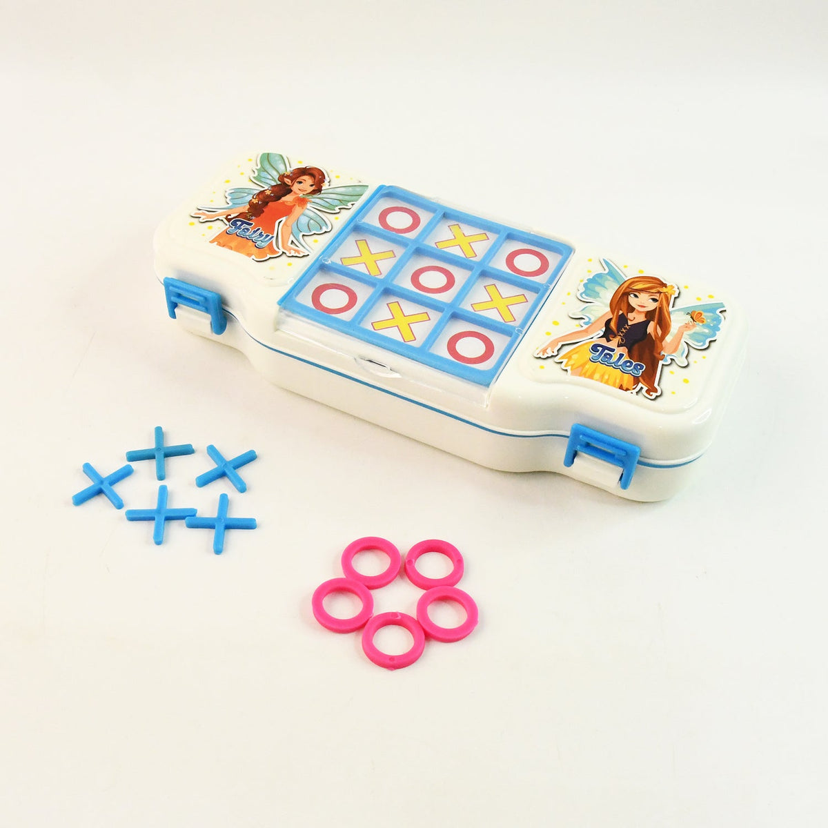 Kids Pencil Box with Built-in Tic Tac Toe Game for Multipurpose Stationery Storage Case with Puzzle Play Lid, Lock Clips &Cartoon Fairy Print (1 Pc) HP DD