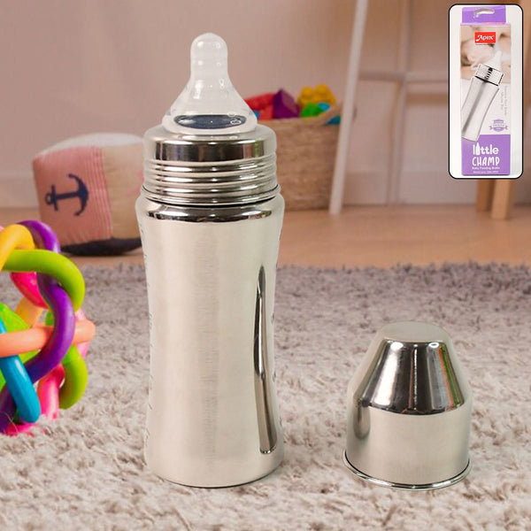 Apex Stainless Steel Little Champ Baby Feeding Bottle Stainless Steel Body with Anti-Colic Silicone Nipple (250 Ml)