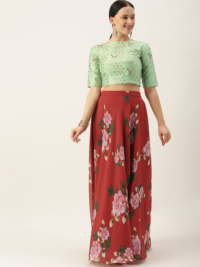 Bollywood Vogue Ready To Wear Green N Rust Embroidered Crop Top N Skirt