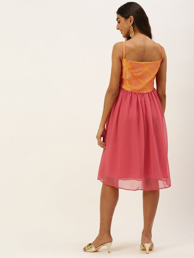 Bollywood Vogue Ready To Wear Mustard Taffeta Jacquard N Pink Dress