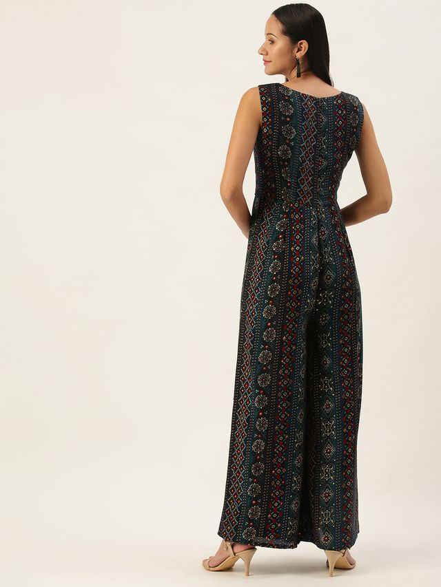 Bollywood Vogue Ready To Wear Blue Printed Viscose Angrakha Style Jumpsuit
