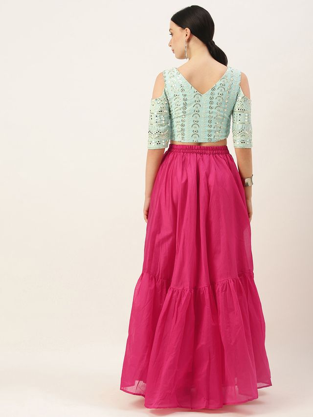 Bollywood Vogue Ready To Wear Blue Georgette Embroidered Blouse N Pink Skirt