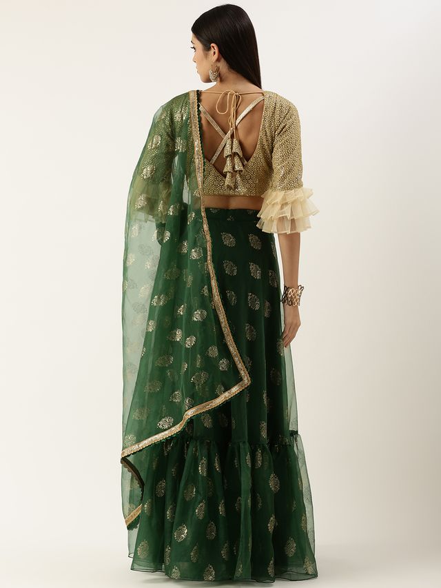 Bollywood Vogue Ready To Wear Green N Gold Organza Embroidered Lehenga