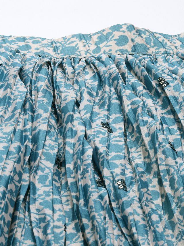 Bollywood Vogue Ready To Wear Cream N Blue Printed Chinon Skirt Set
