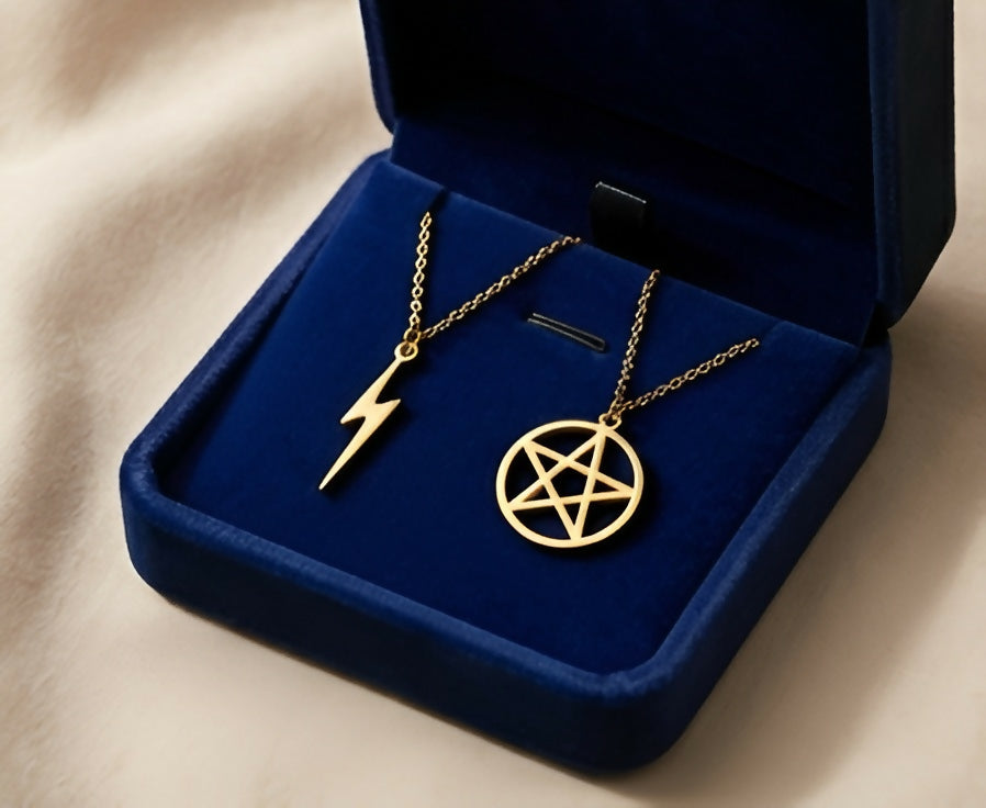 Modern Gold-Tone Necklace Set with Lightning Bolt & Star Circle Pendant (Set of 2)