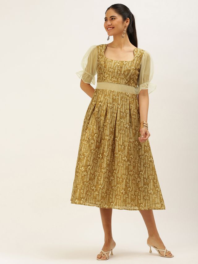 Bollywood Vogue Ready To Wear Green Printed Art Silk Dress