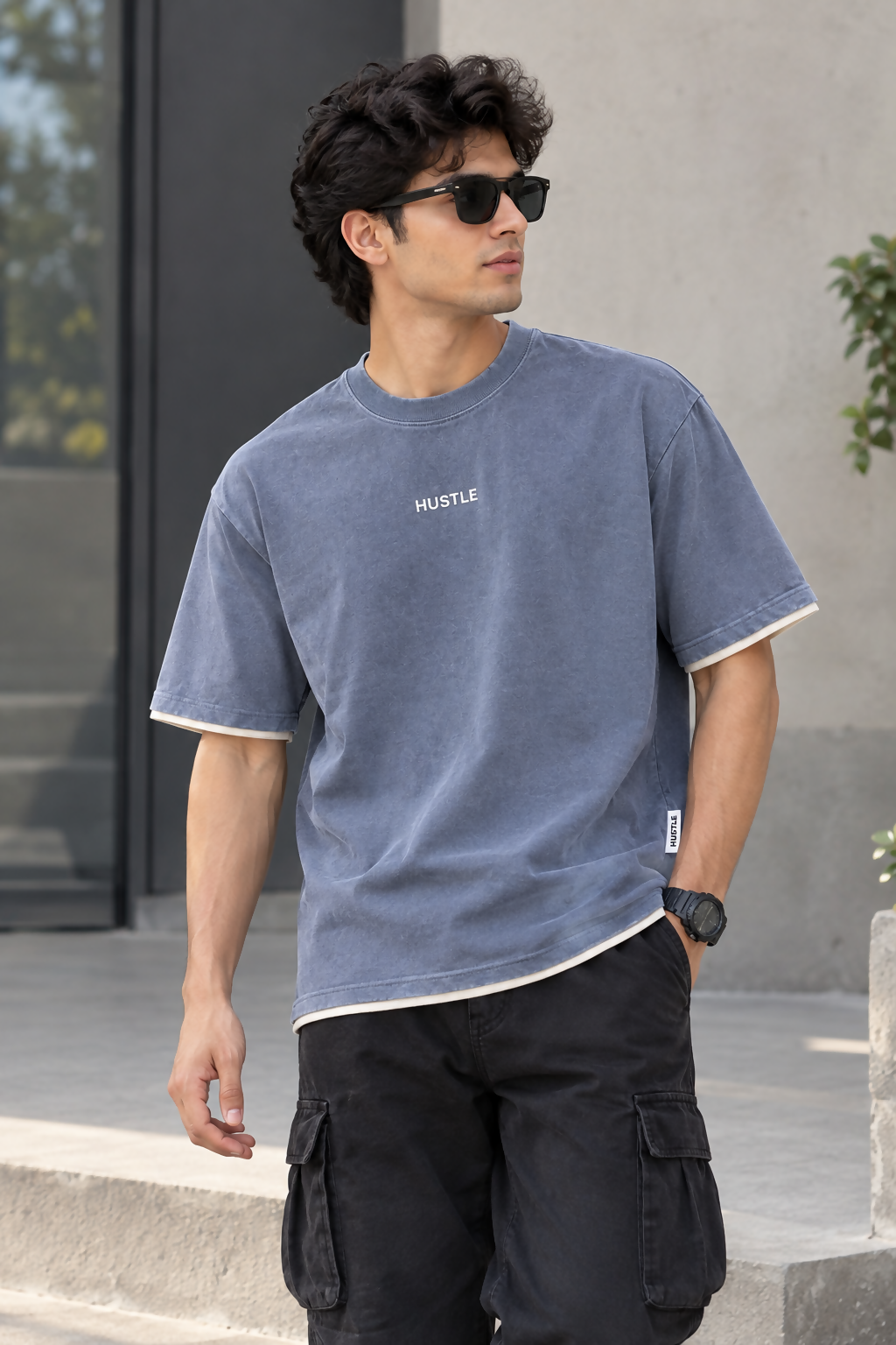 Men’s Relaxed Fit Hustle Printed Crew Neck T-Shirt – Steel Blue